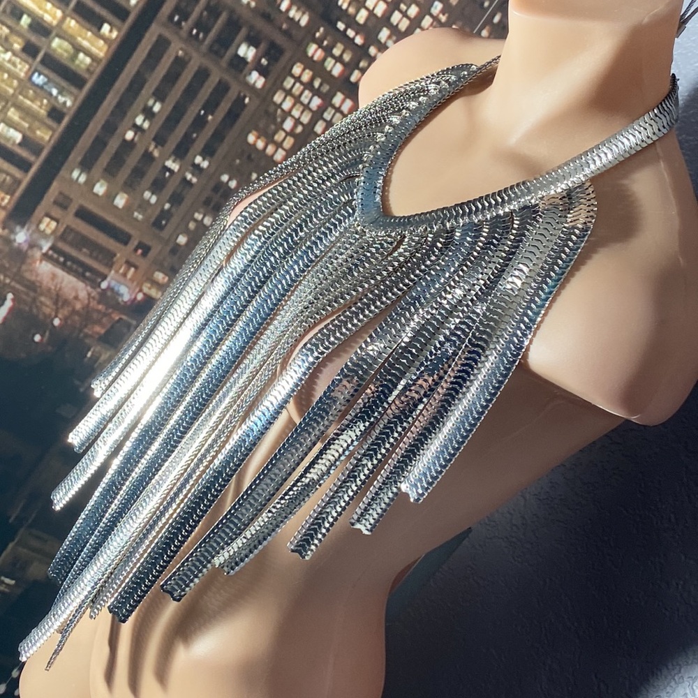 ENCOUR - necklace: thick long silvertone asymmetric fringe 1 of a kind statement - Picture 3 of 16